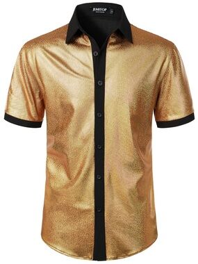 JEMITOP Men's Shiny Metallic Sequin Short Sleeve Button Down Shirt Disco Large
